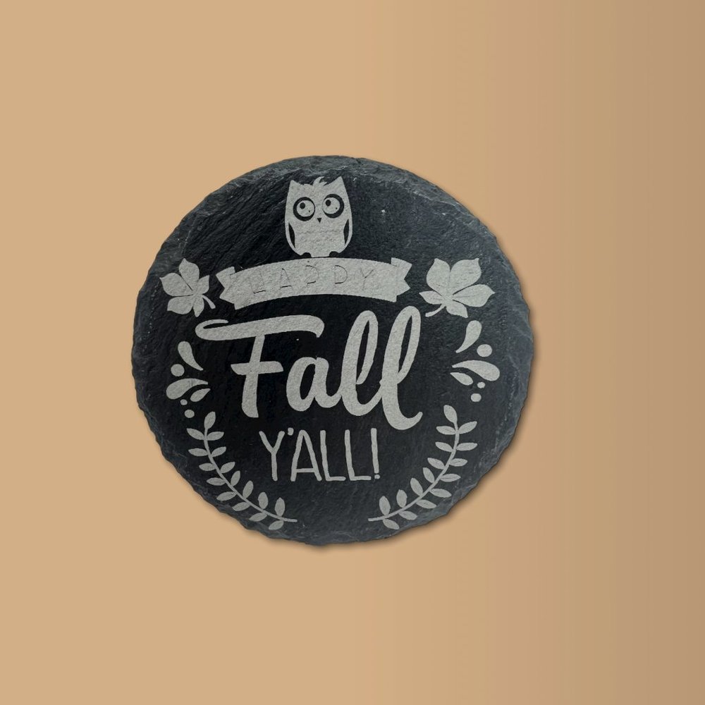 "It's Fall Y'All" - Round 3" Slate Coaster - Owl - 4 Pack